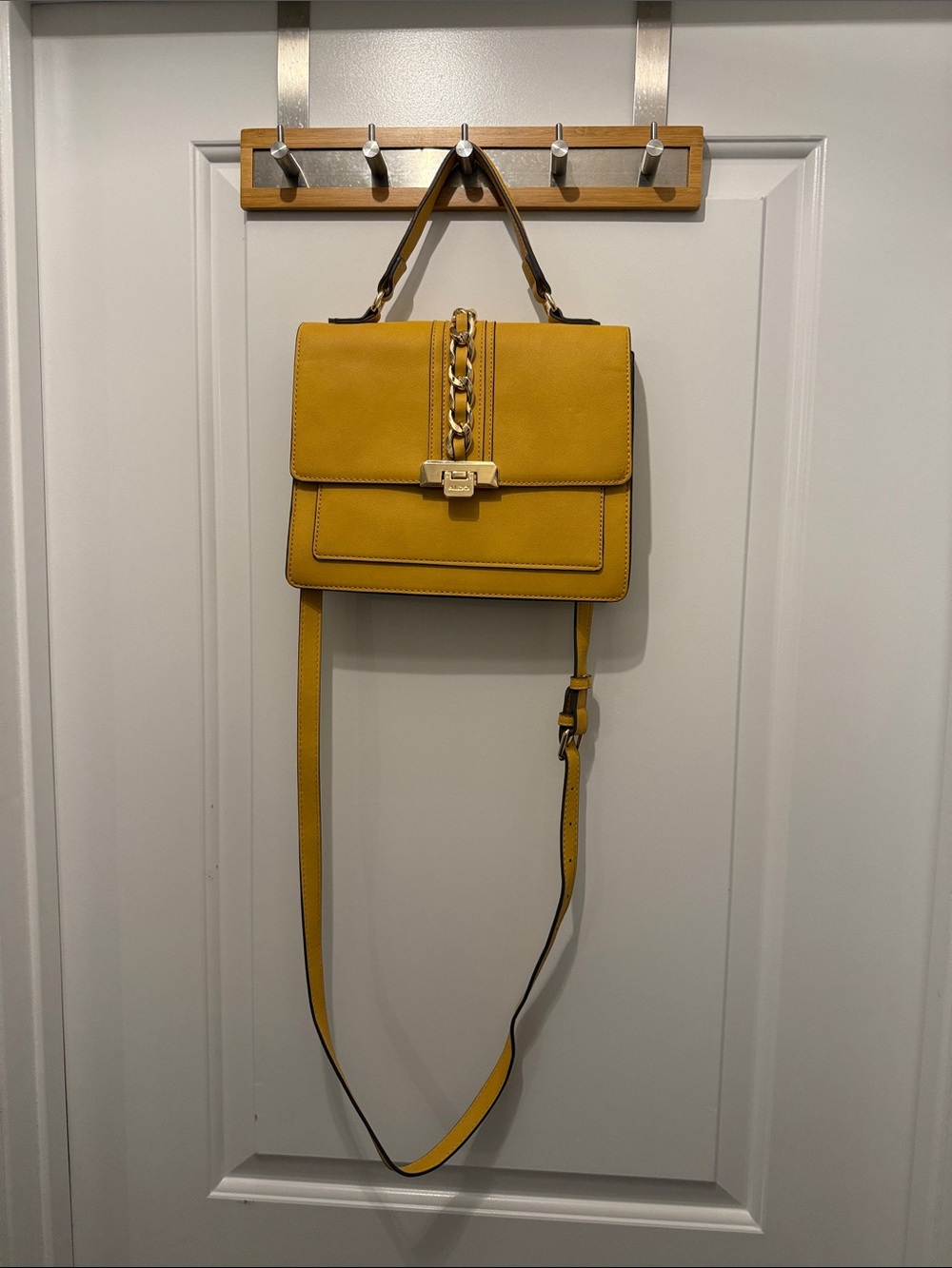 Aldo Yellow Leather Chain-Detail Satchel